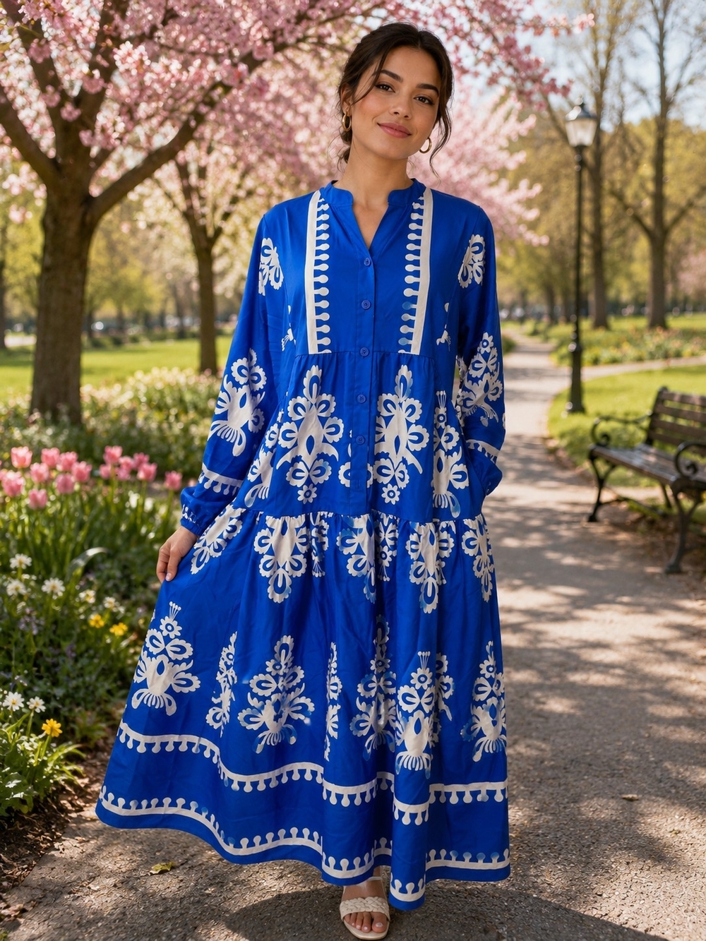 Blue & White Maxi Dress - Women's Boho Tiered Dress